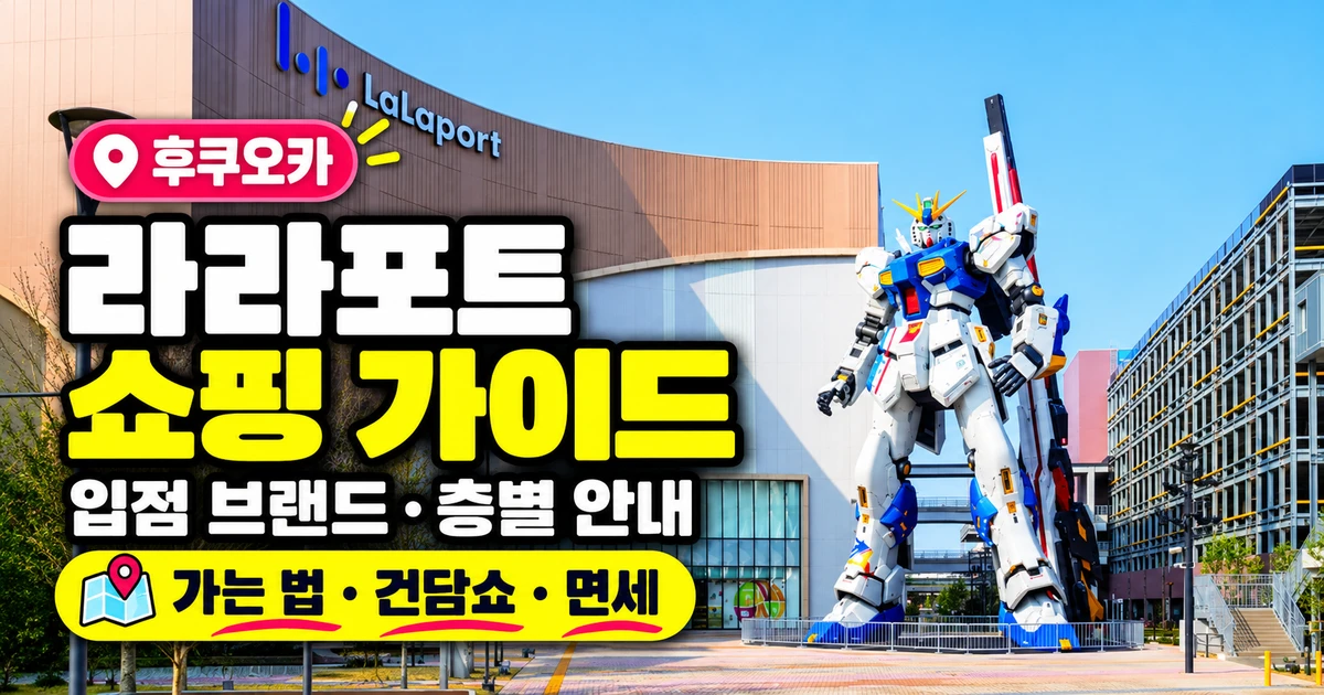라라포트 후쿠오카 건물과 뉴 건담 사진에 입점 브랜드·층별 안내를 표시한 쇼핑 가이드