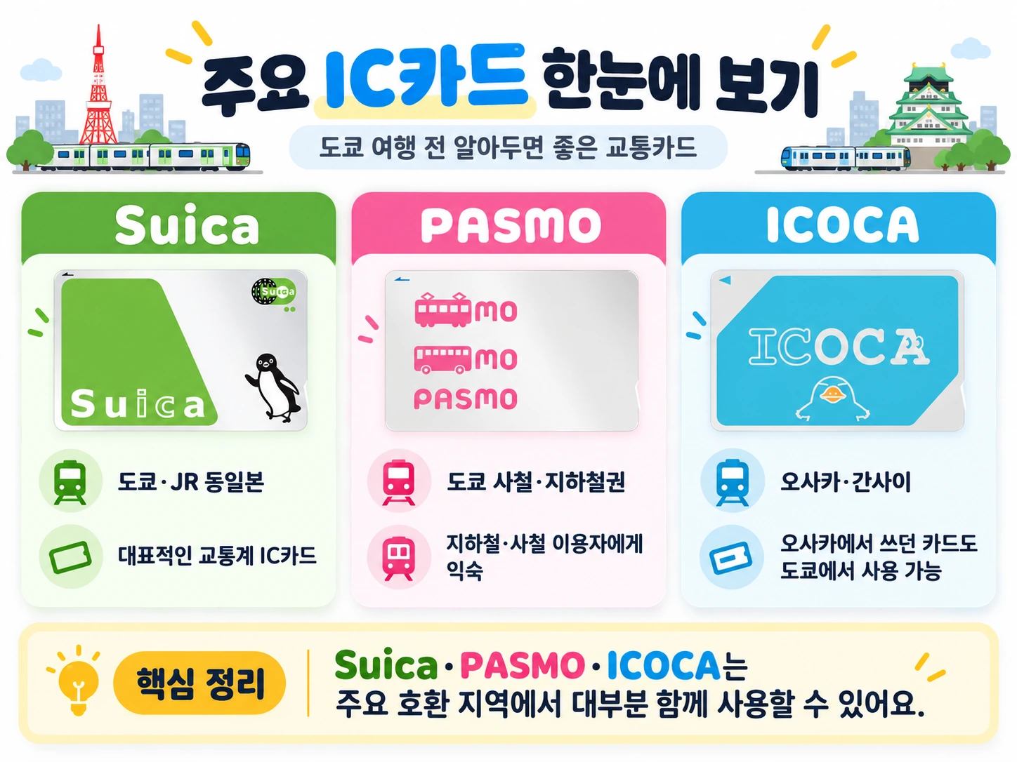 도쿄 지하철 타는 법 2026, Suica·PASMO·교통패스 총정리 2 Suica PASMO ICOCA 일본 교통카드 비교