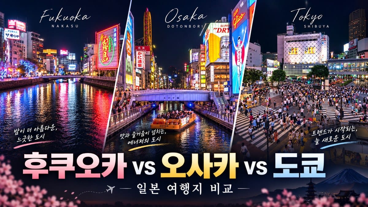 일본 여행지 비교 3곳|후쿠오카 vs 오사카 vs 도쿄 어디가 좋을까? 1 후쿠오카 오사카 도쿄 야경을 비교한 일본 여행지 비교 대표 이미지